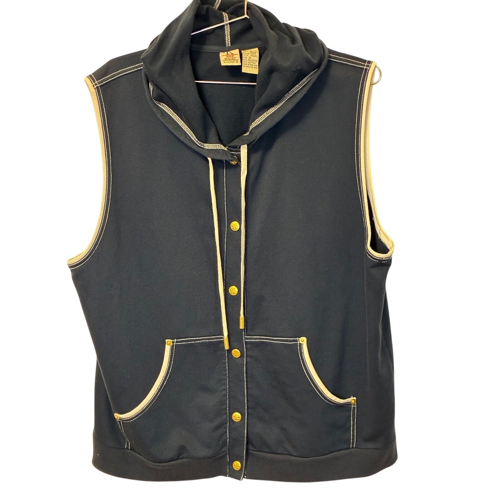 Vintage K Wear by Koret Navy Blue Sleeveless Hoodie Vest Gold Star Buttons XL